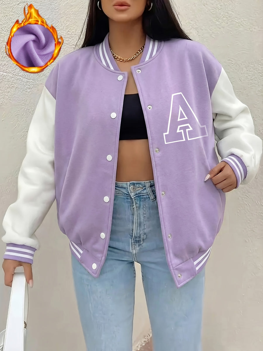 Women'S Fleece Baseball Jacket with Street-Style Letter A Print, Featuring Snap Buttons, Perfect for Casual Outdoor Sports in Autumn And Winter, Suitable for Everyday Wear - Light Purple