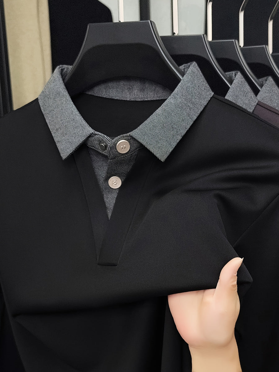 Men's Autumn/Winter 2-in-1 Look Polo Sweatshirt, Pullover Top, Business Casual, Daily Outings, Versatile and Durable, Warm and Comfortable, Ideal Gift Choice - Black