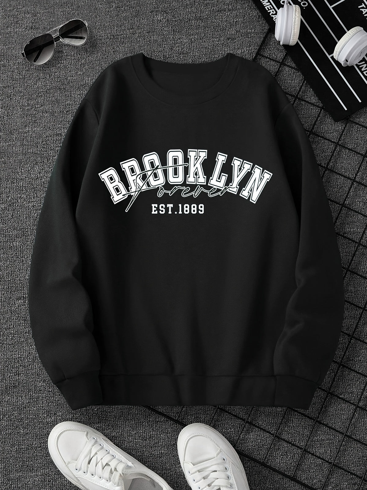 Unisex Trendy Creative BROOKLYN Print Crewneck Sweatshirt, an Excellent Choice for Gifting - Black