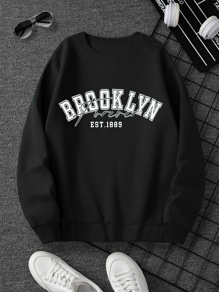 Unisex Trendy Creative BROOKLYN Print Crewneck Sweatshirt, an Excellent Choice for Gifting - Black