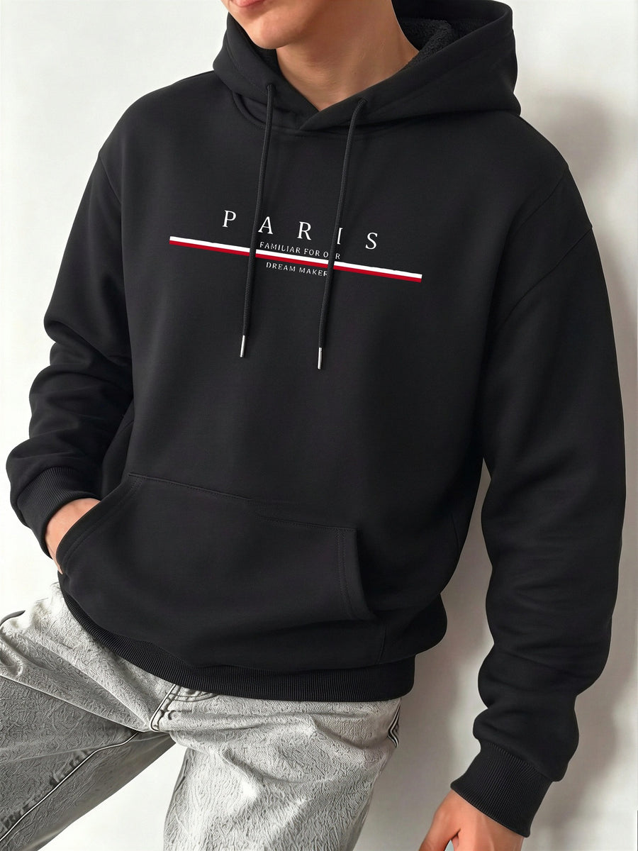 Men's Hooded Sweatshirt with PARIS Print, Comfortable, Casual, Soft, Breathable for Spring and Autumn Daily Commuting - Black