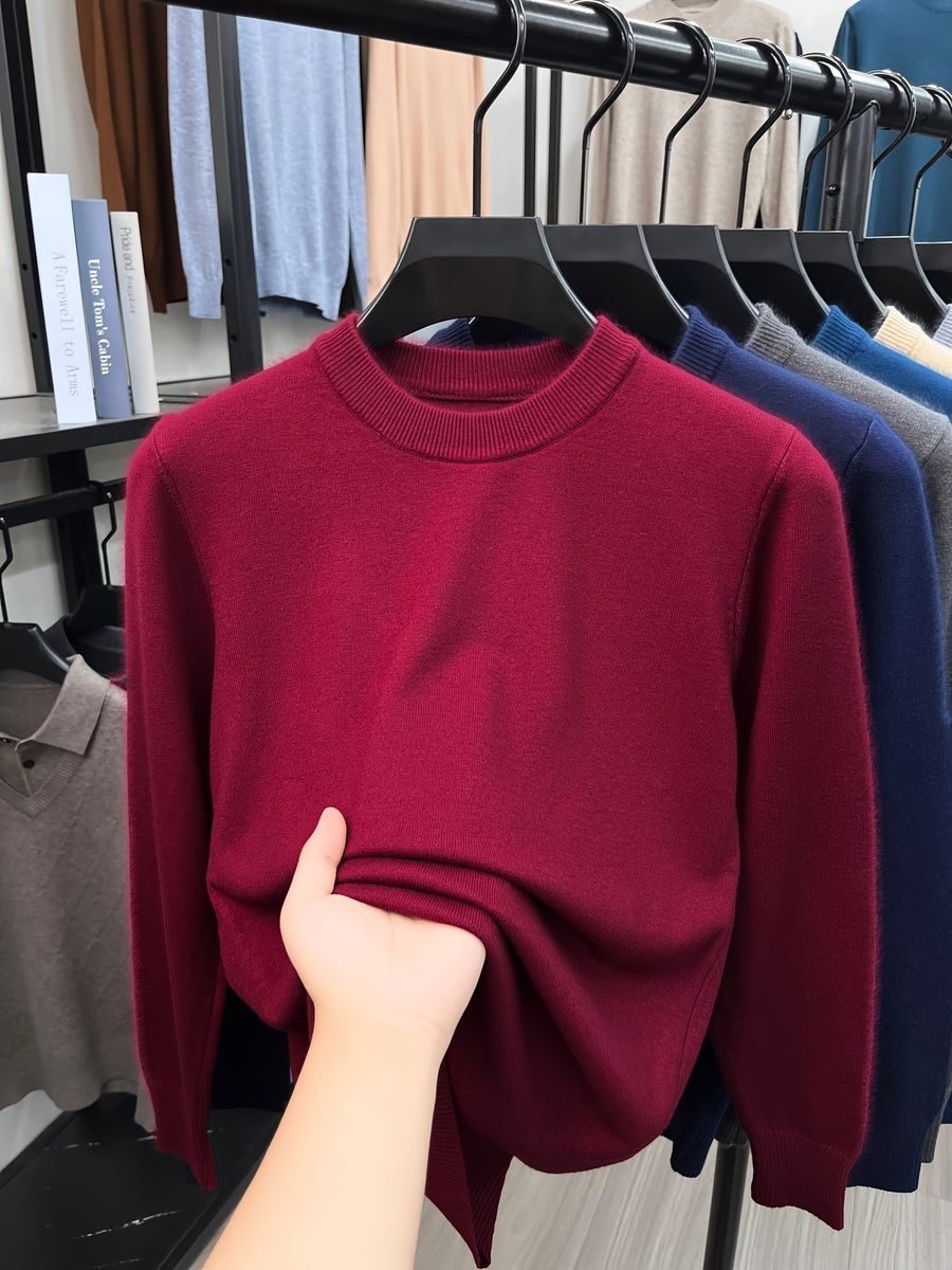 [Wading Whale OBM] 1pc Spring/Autumn New Men'S Knit Pullover Sweater, Old Money Style Solid Color Striped Round Neck Long Sleeve Knit Pullover for Men, Business Casual Fashion Striped Sweater, Suitable for Spring, Autumn - Burgundy