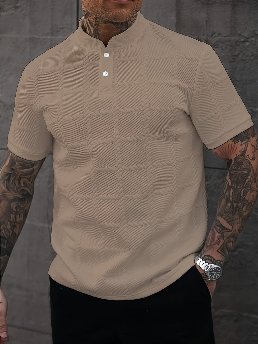New Cross-Border Men'S Fashion Summer Casual Sports Short-Sleeved Small Stand-Up Collar Henley Shirt - Khaki