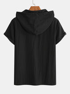 Men'S Linen-Look Hooded Henley Shirt, Short Sleeve Button- Casual Summer Beach Tops with Hood for Men - Black