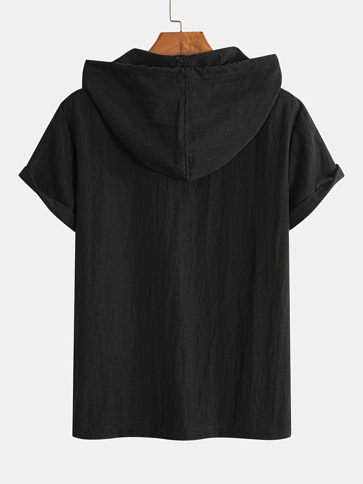 Men'S Linen-Look Hooded Henley Shirt, Short Sleeve Button- Casual Summer Beach Tops with Hood for Men - Black