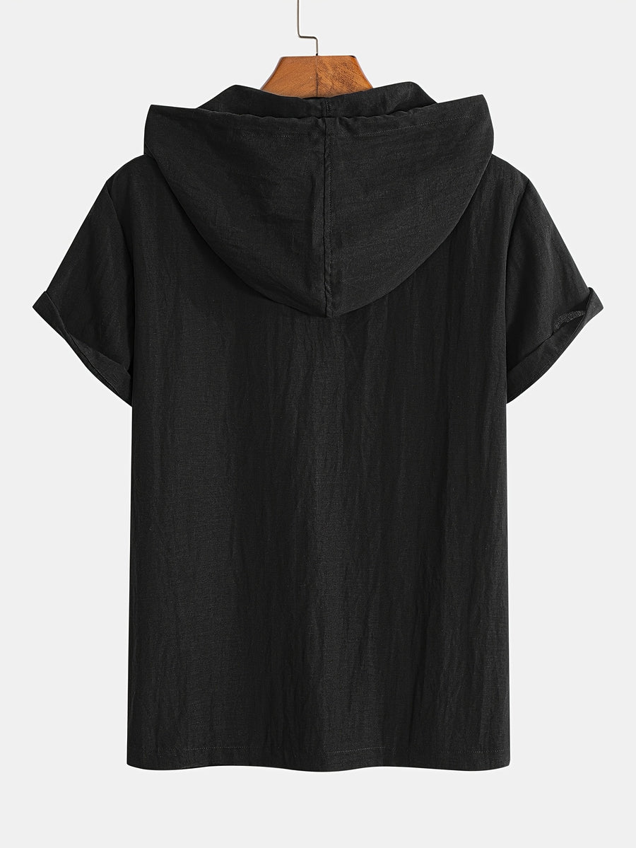 Men'S Linen-Look Hooded Henley Shirt, Short Sleeve Button- Casual Summer Beach Tops with Hood for Men - Black