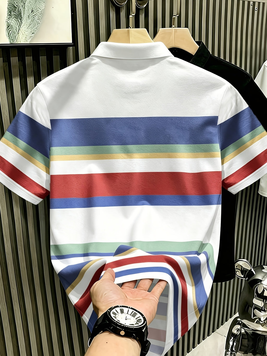 Men'S Multicolor Horizontal Stripes Polo Shirt, MILANOITALIA Men'S Top POLO Shirt, Casual Summer Golf Daily Wear Top, Suitable for Outings, Travel, Outdoor Wear - White