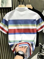 Men'S Multicolor Horizontal Stripes Polo Shirt, MILANOITALIA Men'S Top POLO Shirt, Casual Summer Golf Daily Wear Top, Suitable for Outings, Travel, Outdoor Wear - White