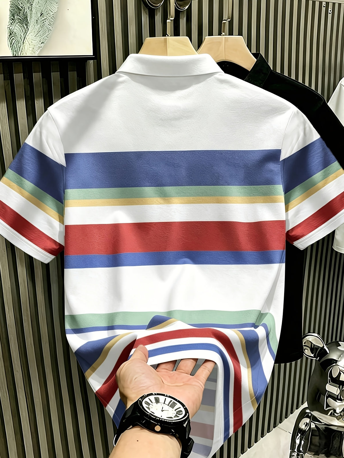 Men'S Multicolor Horizontal Stripes Polo Shirt, MILANOITALIA Men'S Top POLO Shirt, Casual Summer Golf Daily Wear Top, Suitable for Outings, Travel, Outdoor Wear - White