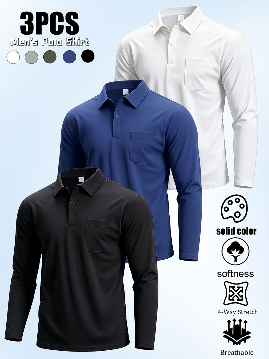 3pcs Men'S Long Sleeve Polo Shirt with Chest Pocket Design, Solid Color Quick-Dry Breathable Golf Polo Shirt, Soft And Smooth, Suitable for Spring And Autumn Wear, Lightweight Daily Commuting, Outdoor Sports, Business Basic Clothing - Black+White+Navy Blue