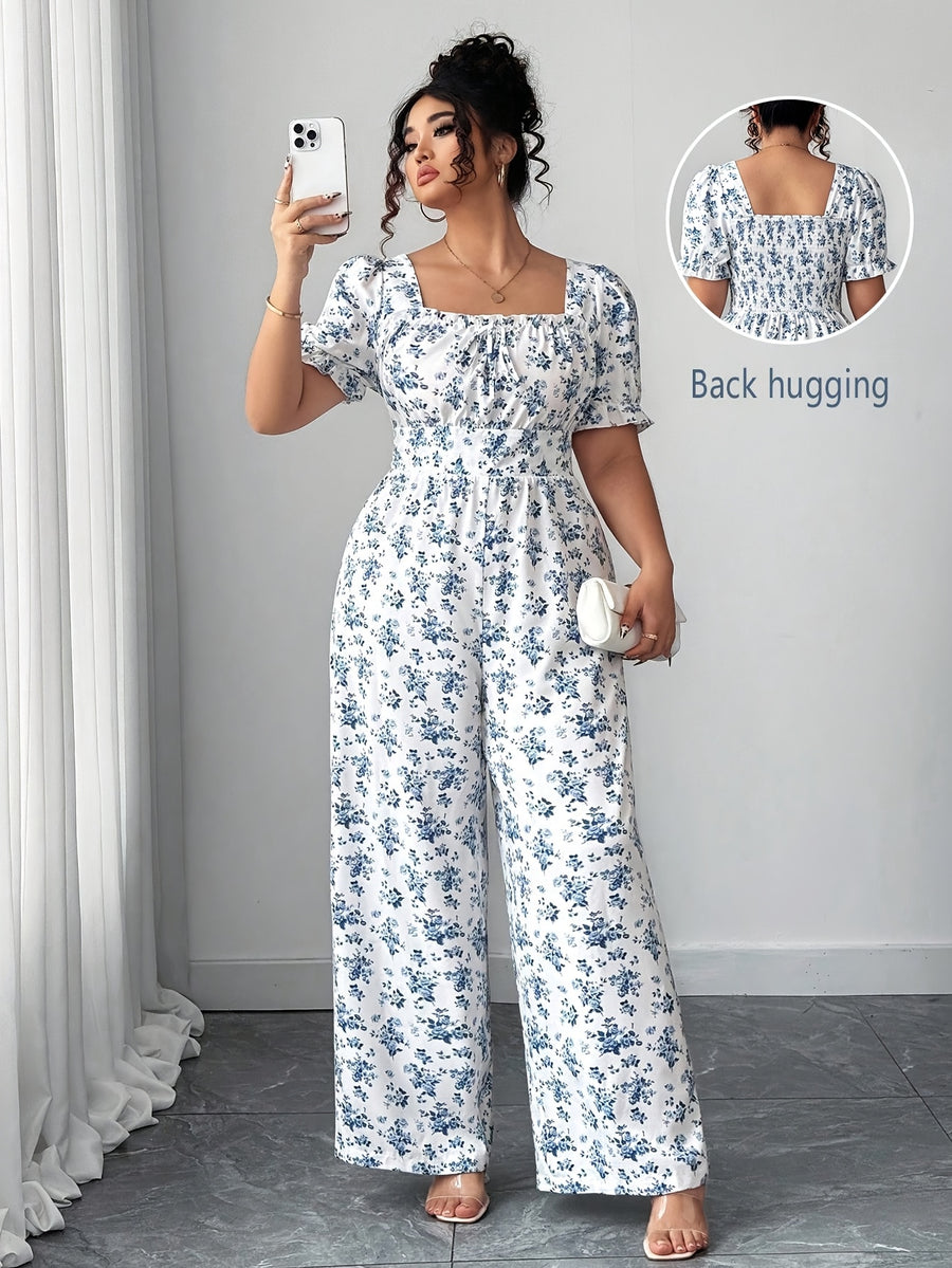 Women'S Summer Stylish Floral Print Square Neck Tie-Front Lantern Sleeve Back Jumpsuit - White