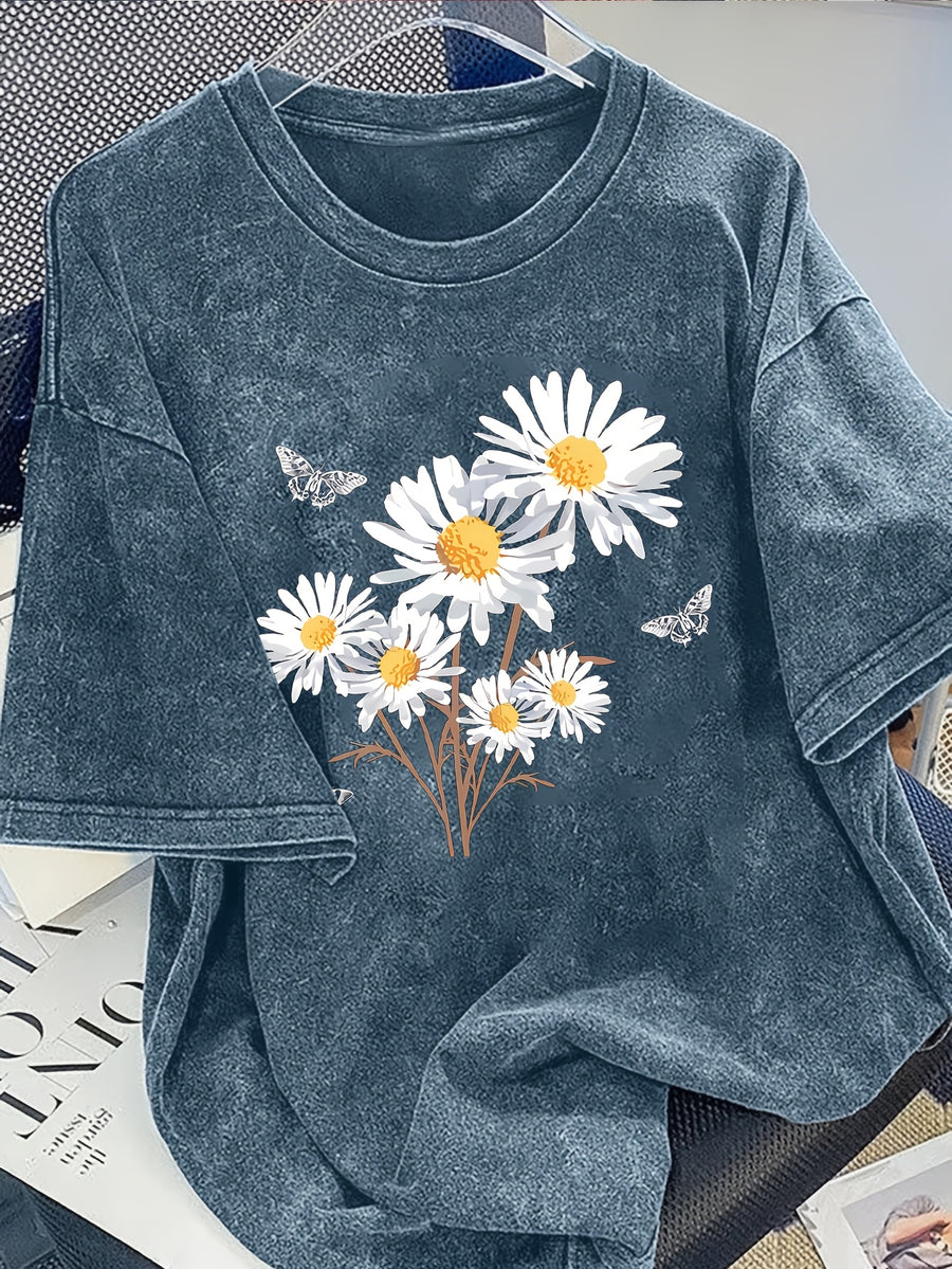 Plus Size - Plus Size - Plus Size Daisy Print Crew Neck Short Sleeve Retro Casual Everyday Washed T-Shirt Top | Slight Stretch Fabric, Summer Season - Blue