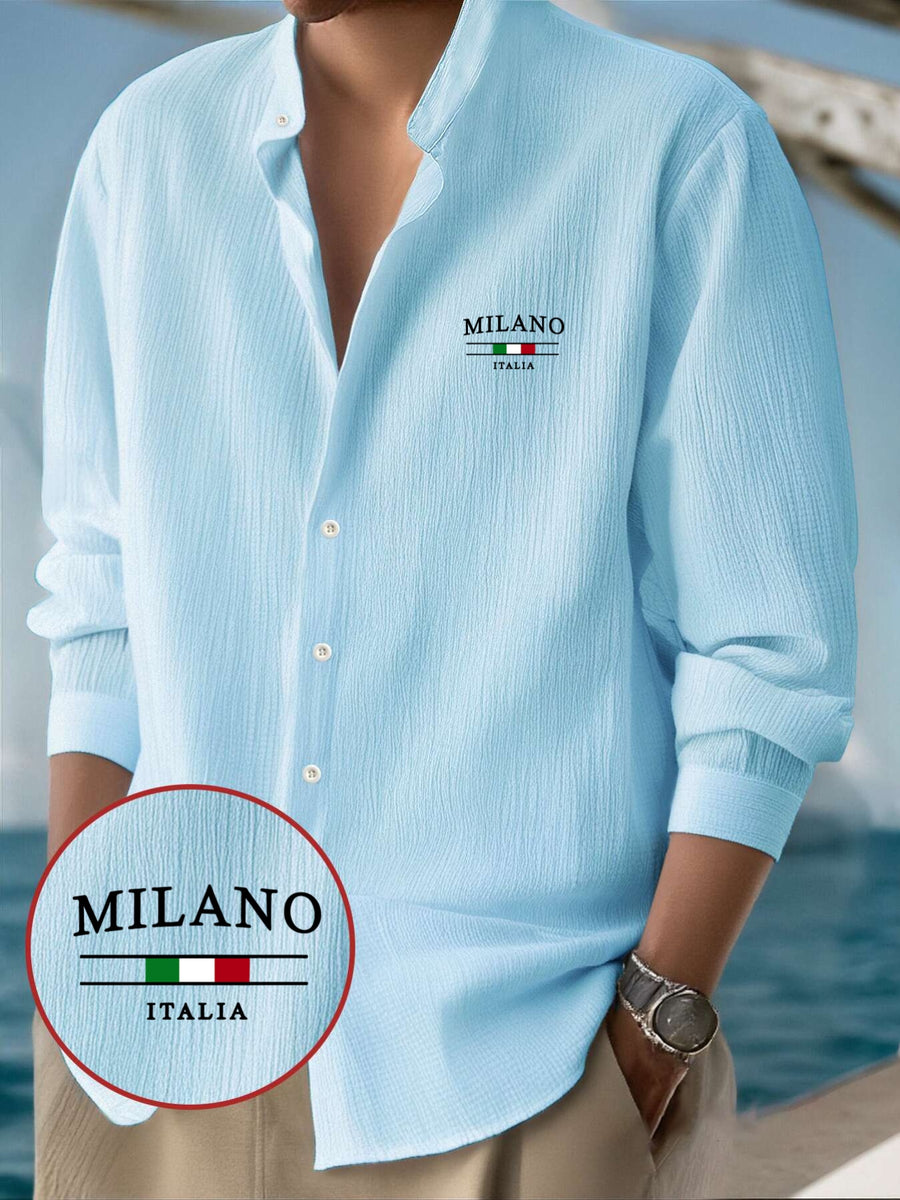 Men'S Classic Solid Color Casual Long-Sleeve Button-Up Shirt with a Stand Collar Design, Machine Washable, Featuring a Milan Italy Pattern Print, Suitable for All Seasons, Perfect for Outings, The Beach, And Everyday Wear - Sky Blue