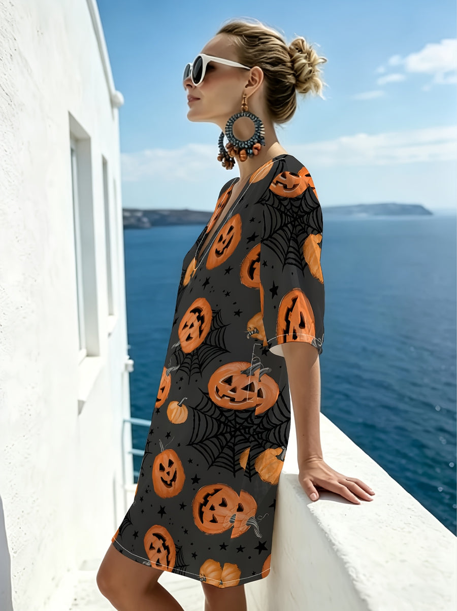 Vintage Pumpkin Spiderweb Print V-Neck Dress, Featuring a Loose Drop-shoulder Short-sleeve Cut and a Relaxed, Easy-fit Silhouette That Flatters All Body Types. Perfect for Creating a Halloween-themed Outfit, This Dress Is Made from Skin-friendly - Mixed colors