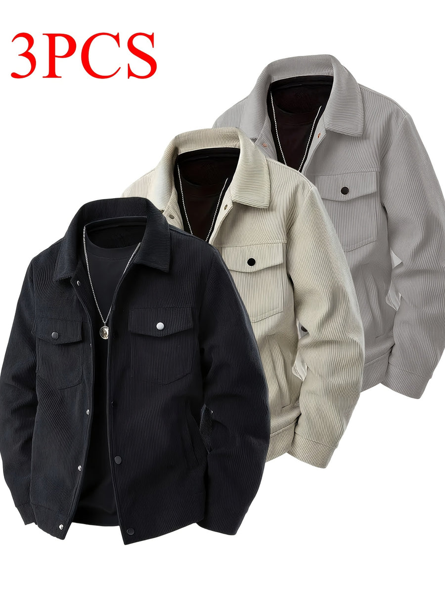 Joshmei OBM Autumn/Winter New Arrival Men's Solid Color Fashion Multi-Pocket Button-Up Cargo Jacket Outerwear 3pcs Set - Black+khaki+grey