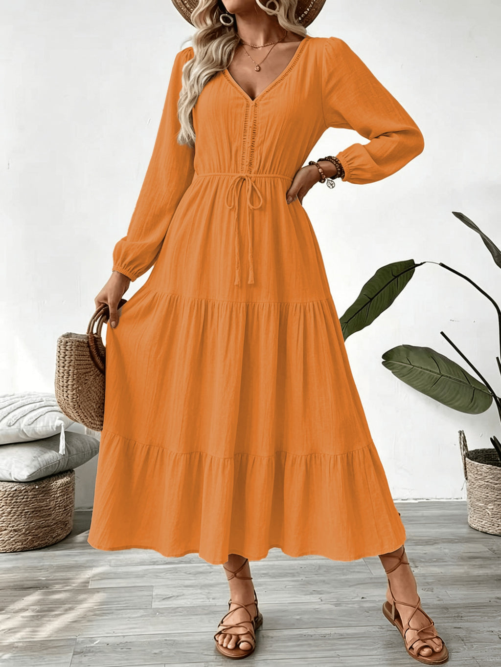 Women's Vacation Style Dress, Elegant and Fashionable V-Neck Lace Long Sleeve Maxi Dress - Orange