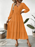 Women's Vacation Style Dress, Elegant and Fashionable V-Neck Lace Long Sleeve Maxi Dress - Orange