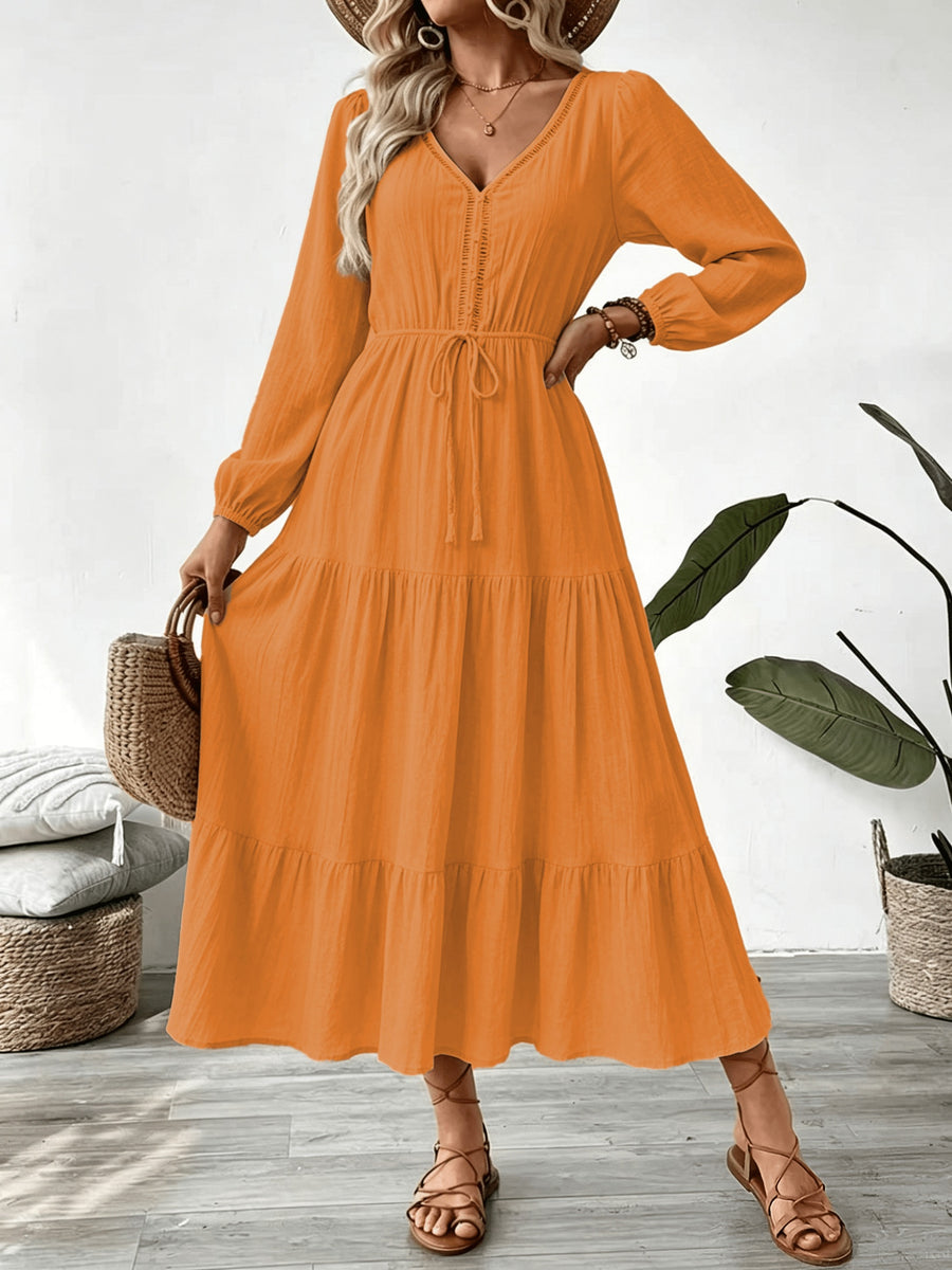 Women's Vacation Style Dress, Elegant and Fashionable V-Neck Lace Long Sleeve Maxi Dress - Orange