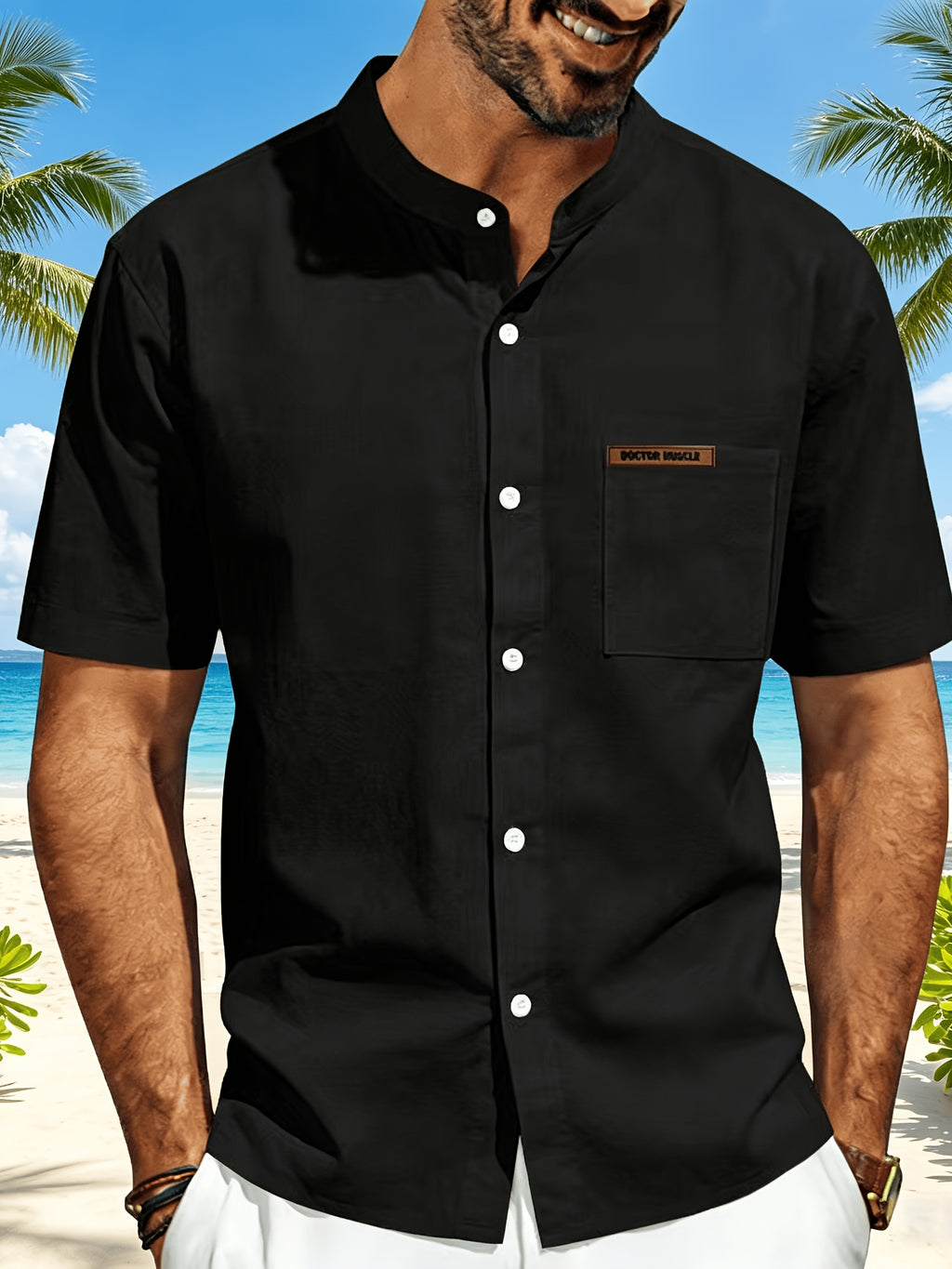 Men's Minimalist Vacation Style Stand Collar Linen Short Sleeve Shirt, 95% Linen 5% Polyester, Breathable with Label Pocket, Fashionable Beachside Pool Casual Shirt - Black