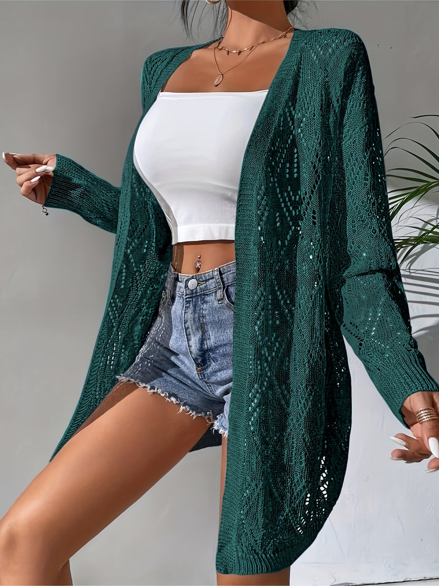 Full Hollow Shoulder Long Open Shirt - Dark Green
