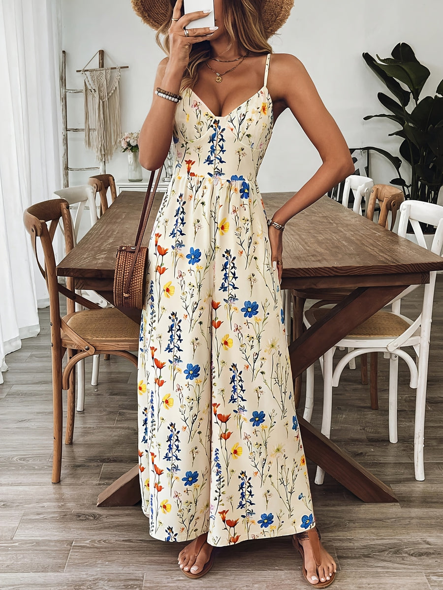 Women'S Casual Floral Print Spaghetti Strap Backless Jumpsuit, Back Tie Bow, Suitable for Spring And Summer Vacation, Elegant Jumpsuit, Flowy Wide-Leg Pants - Mixed colors