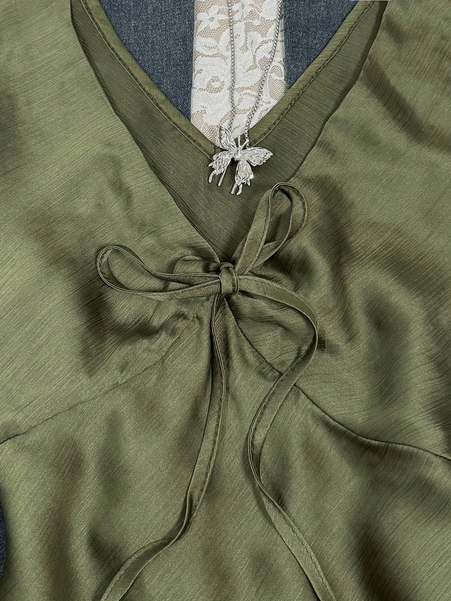 Women's Casual Solid Color Back-Tie Ruffle Sleeve Flutter Sleeve V-Neck Bow Tie Shirt, Suitable for Summer, Autumn, Spring, All-Season Wear, Ideal for Dating, Vacation, Shopping, and Daily Casual Outfits - Olive Green