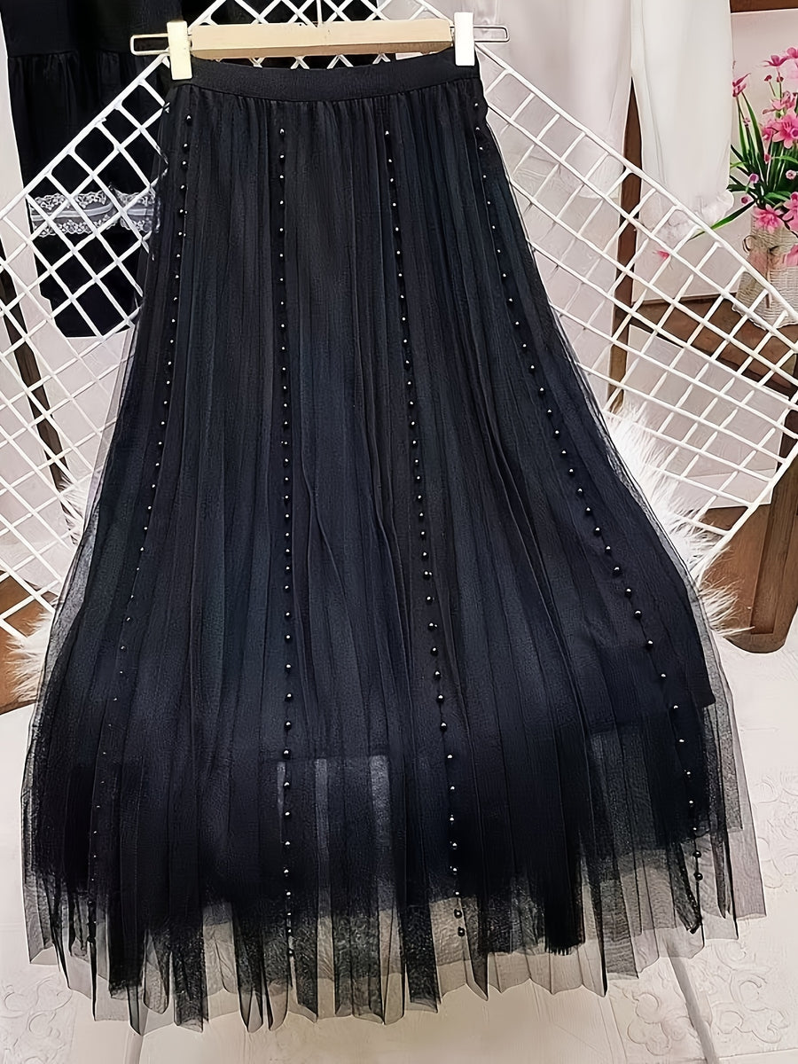 High-Waist Mesh Skirt, New Style Beaded Pleated A-Line Skirt, Solid Color Mesh - Black