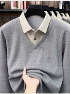 Men'S Autumn V-Neck Faux Two-Piece Pullover Sweater Top, Shirt Collar Patchwork Sweater, Casual Sportswear Top, Warm And Comfortable, Autumn Business Casual Daily Travel Commute Gift Choice, Knit - Light Grey