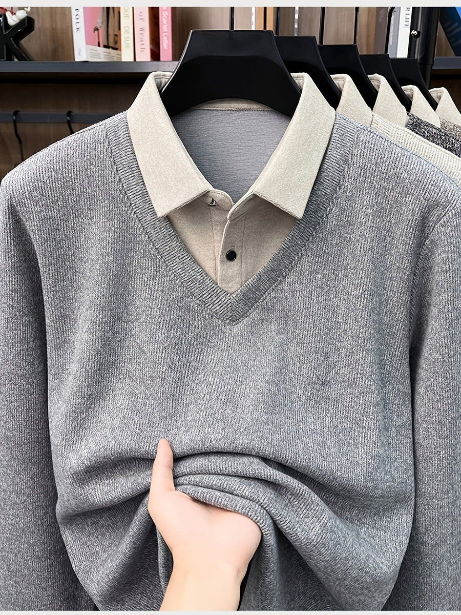 Men'S Autumn V-Neck Faux Two-Piece Pullover Sweater Top, Shirt Collar Patchwork Sweater, Casual Sportswear Top, Warm And Comfortable, Autumn Business Casual Daily Travel Commute Gift Choice, Knit - Light Grey