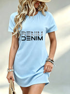 Printed Design Not Textured, Casual Ladies Dress, Denim Text Print, Summer Beach Outing, Gift for Girlfriend, 100 Percent Polyester - Sky Blue