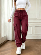 2026 New Striped Drawstring Elastic Waist Sporty Casual Women's Cargo Pants - Burgundy