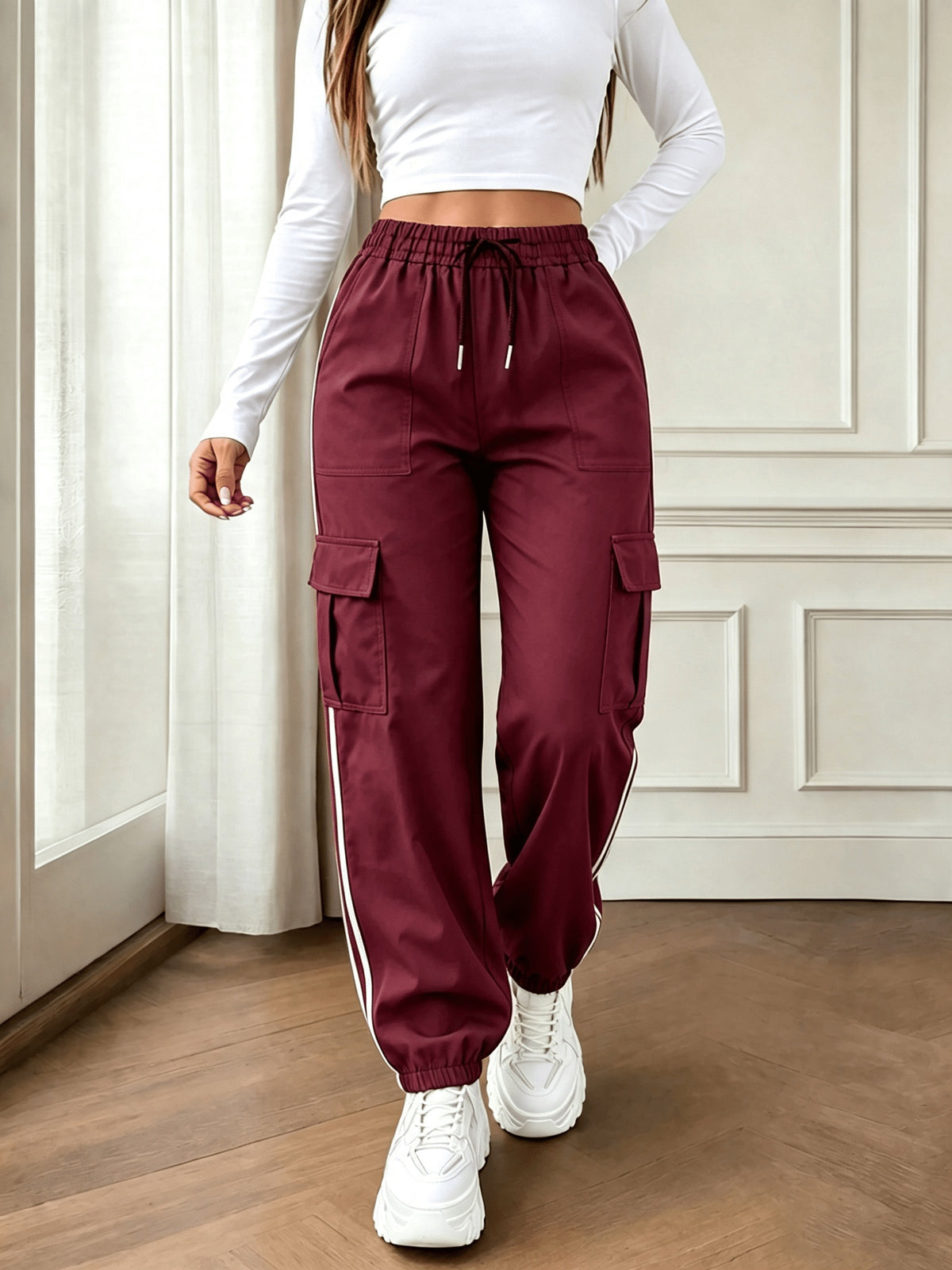 2026 New Striped Drawstring Elastic Waist Sporty Casual Women's Cargo Pants - Burgundy