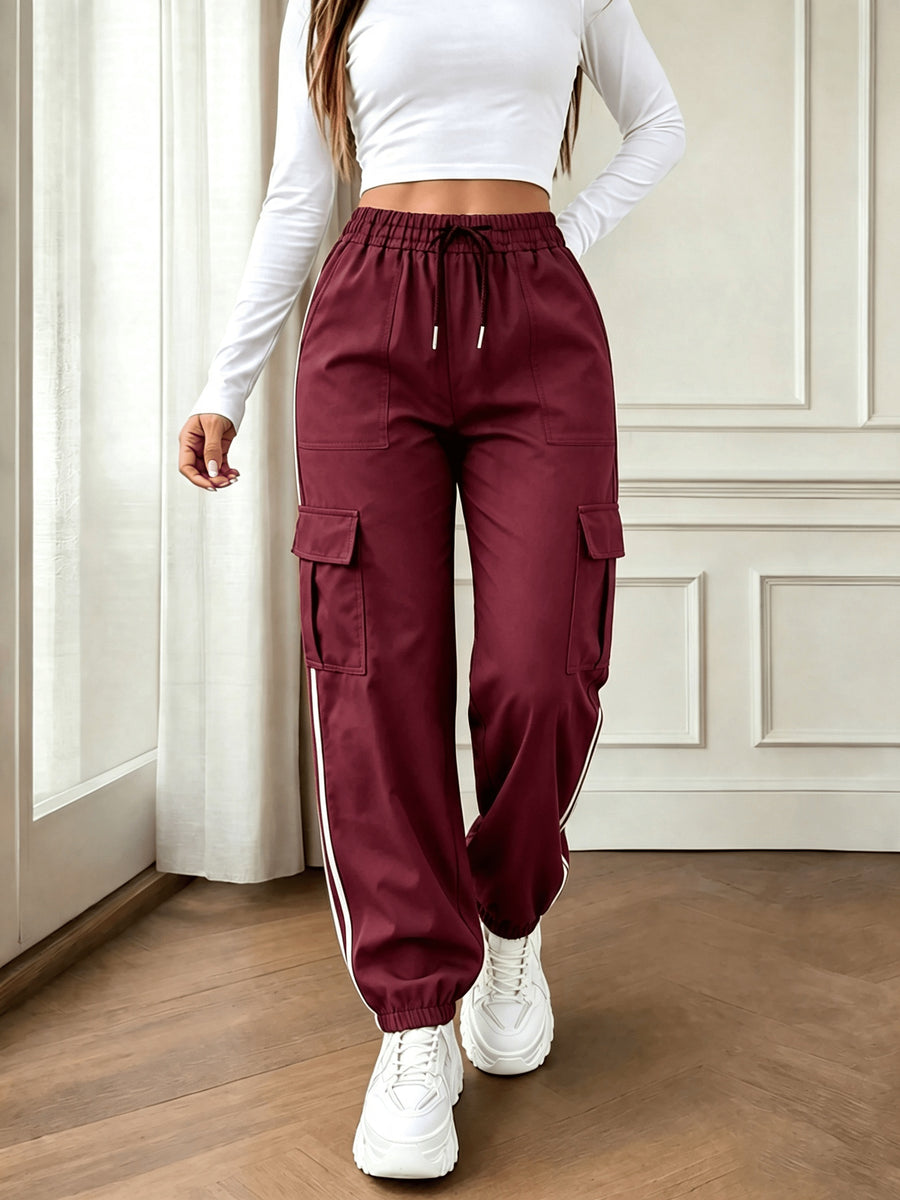 2026 New Striped Drawstring Elastic Waist Sporty Casual Women's Cargo Pants - Burgundy