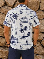 Men'S 100% Print Short Sleeve Shirt Summer New Style Sailor Coconut Tree Pattern Casual Beach Vacation Commute Two-Wear Top Pure Fabric Breathable And Sweat-Absorbent Comfortable to Touch Non-Irritating to Skin, Sweat-Resistant - White