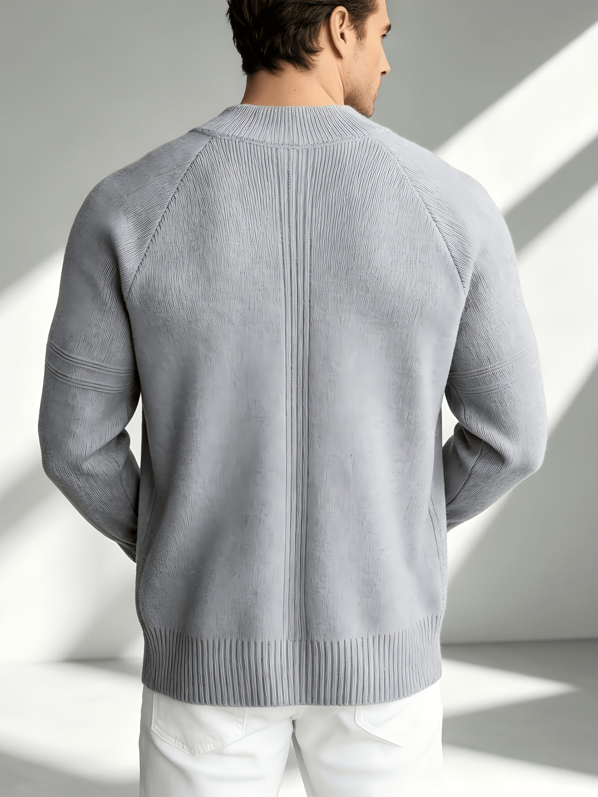 Business Mature Casual Men'S Full-Zip Knit Cardigan, Stand Collar Off-Shoulder Geometric Texture Fabric, Ribbed Trim Knit Jacket, Fall Winter Daily Office And Weekend Wear - Light Grey