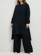 Eid Muslim 2pcs Jilbab Set | Modest Abaya with Wide Leg Pants | Traditional Daily Commute Wear - Navy Color