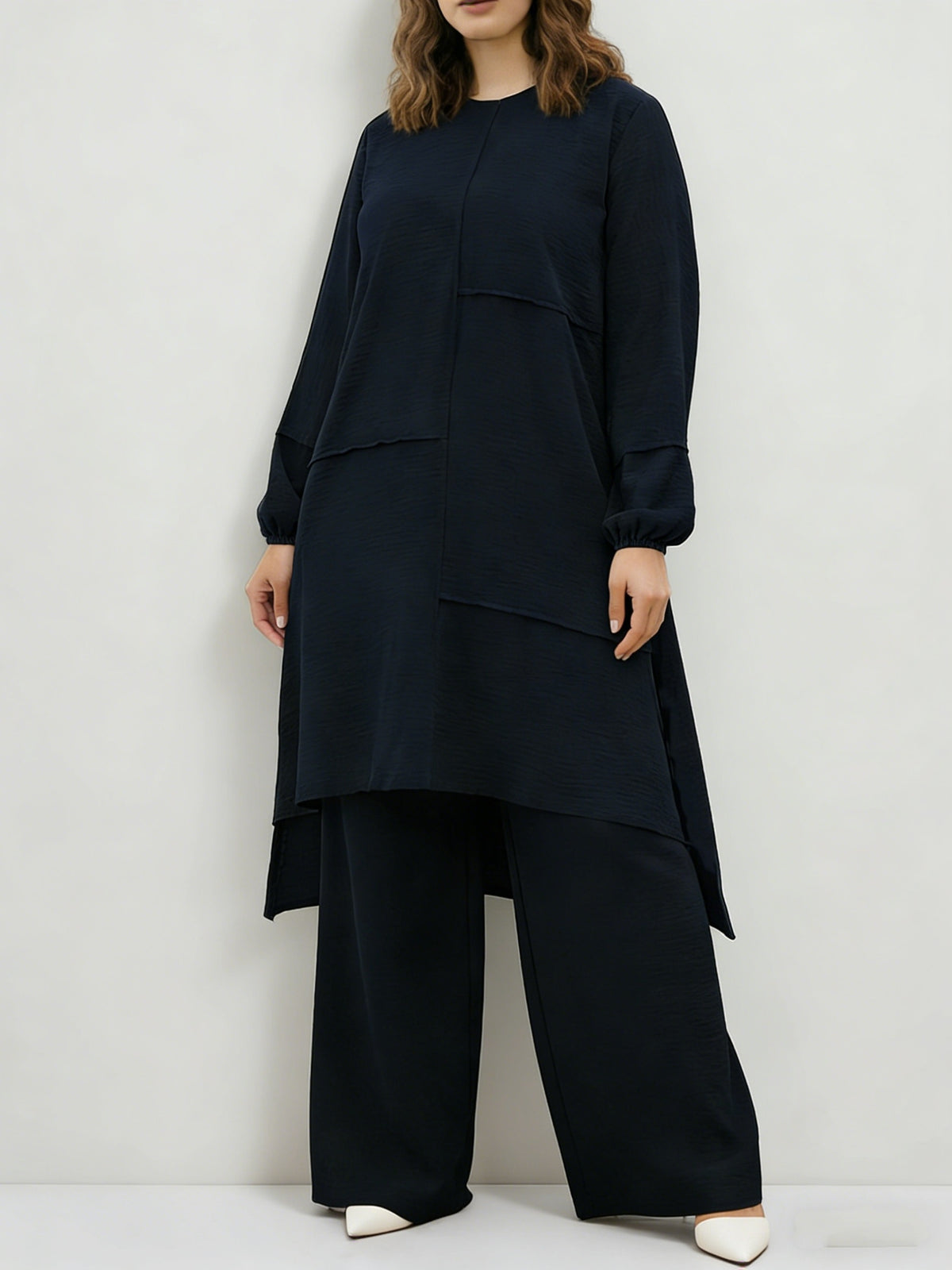 Eid Muslim 2pcs Jilbab Set | Modest Abaya with Wide Leg Pants | Traditional Daily Commute Wear - Navy Color