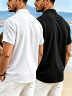 2pcs Men'S Linen Short Sleeve Polo Shirts, Circular Ribbed Collar Half-Zipper Design, Breathable Casual All-Match Summer T-Shirts - White+black