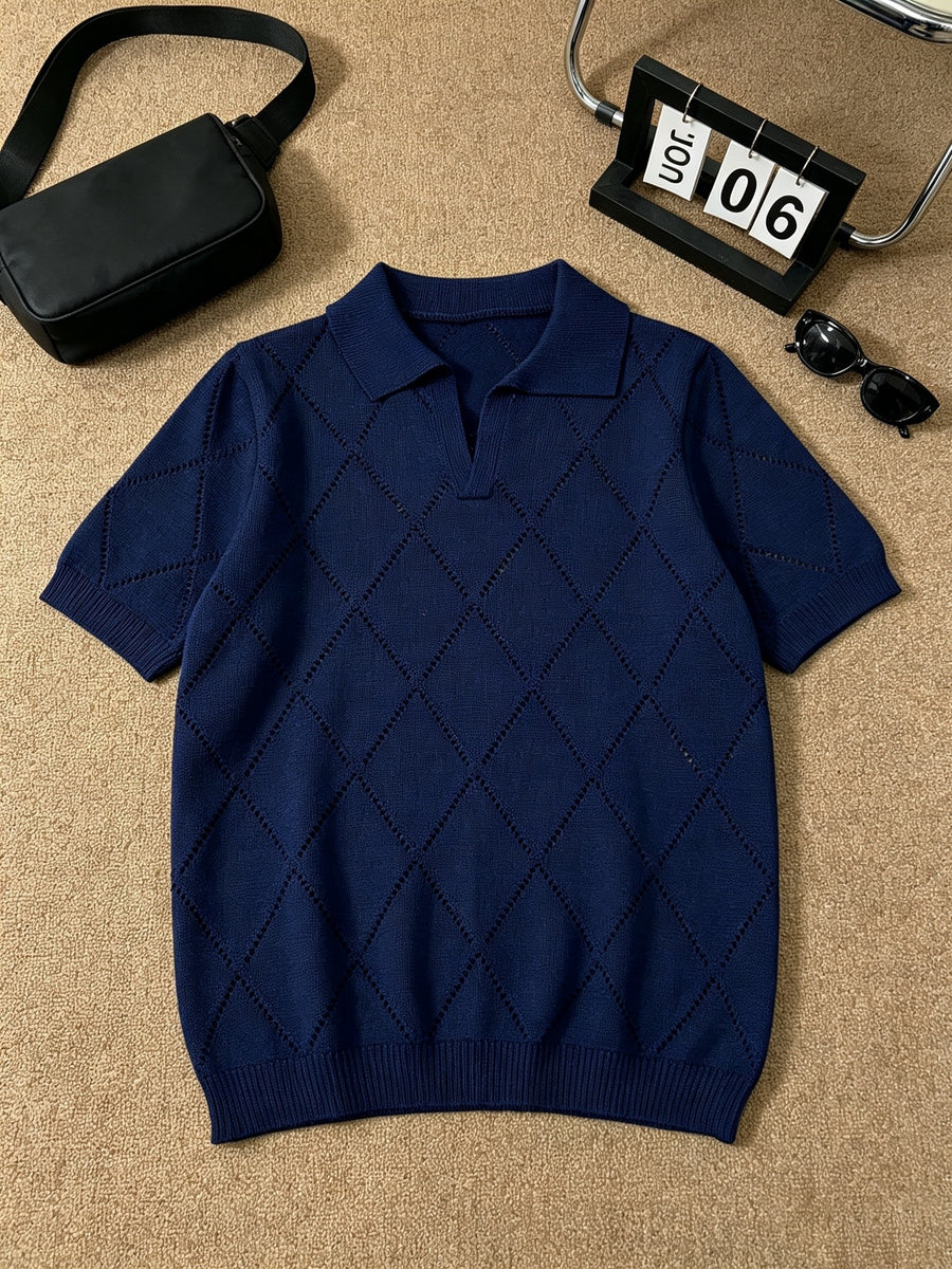 Men's Polo Collar Short Sleeve Knit Shirt, Textured Knit Top, V-Neck Lapel, Breathable Casual Pullover - Navy Color