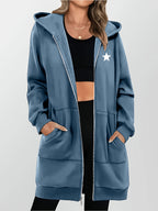 Women's Star Pattern Print Hoodie, Fashionable Zip-Up Hooded Sweatshirt for Women - Peacock Blue