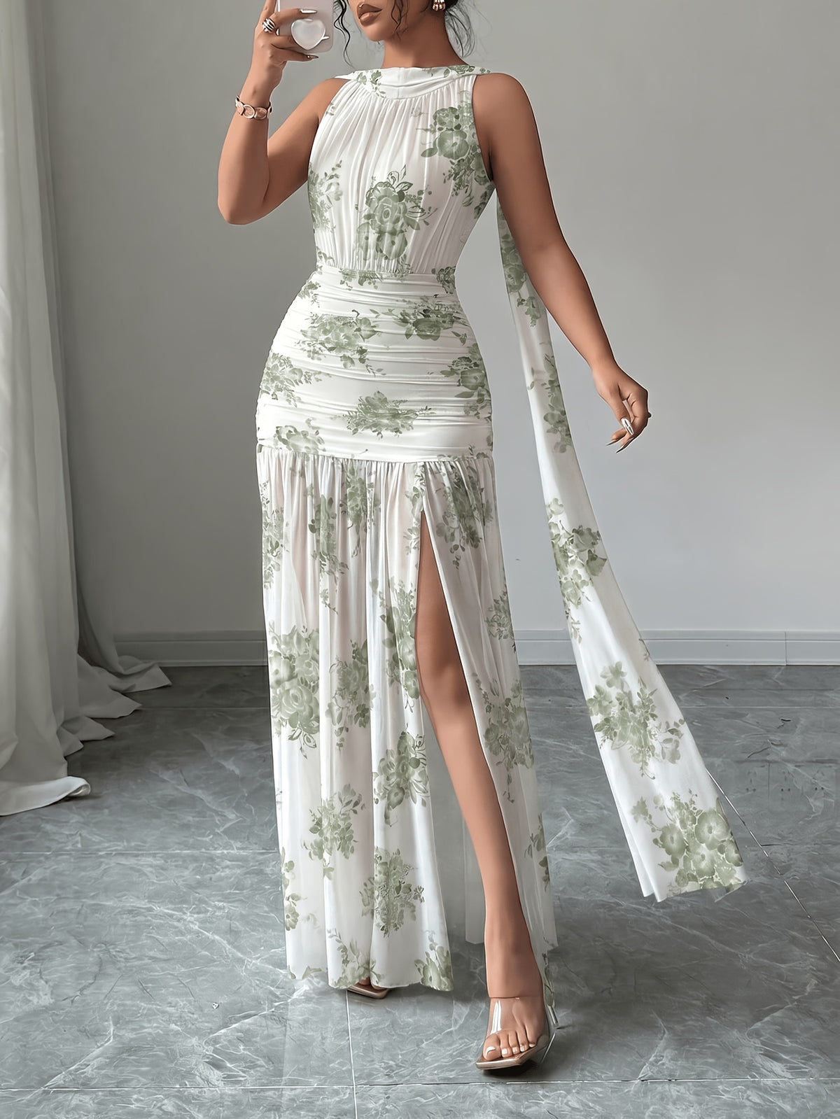 Women'S Spring Summer Solid Color Minimalist Sleeveless Long Dress, Elegant And Bold Floral Print Dress, Suitable for Casual Wear And Commuting - Light Green