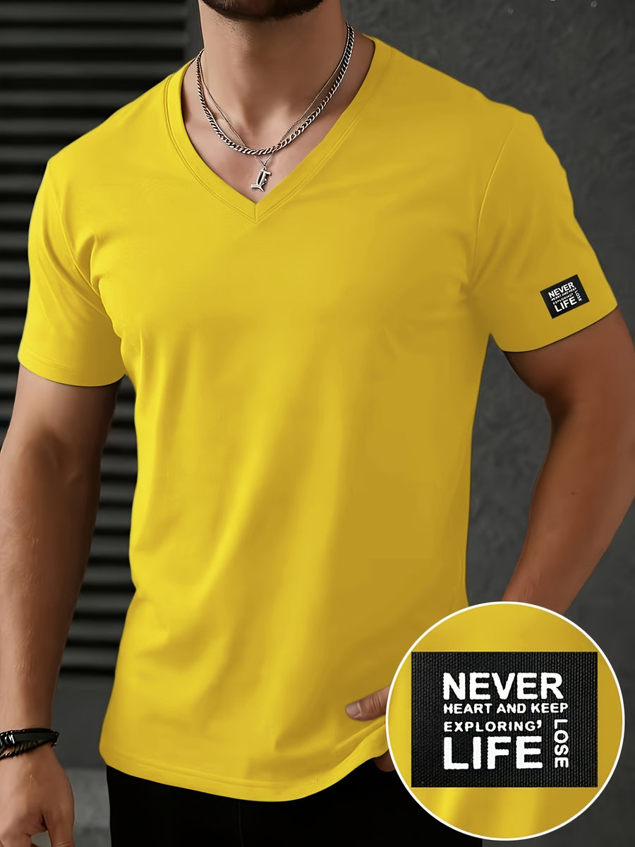 Men'S Patchwork V-Neck Short Sleeve T-Shirt, Suitable for Summer Outdoor Casual Wear, Casual Versatile Knit Top - Yellow 2