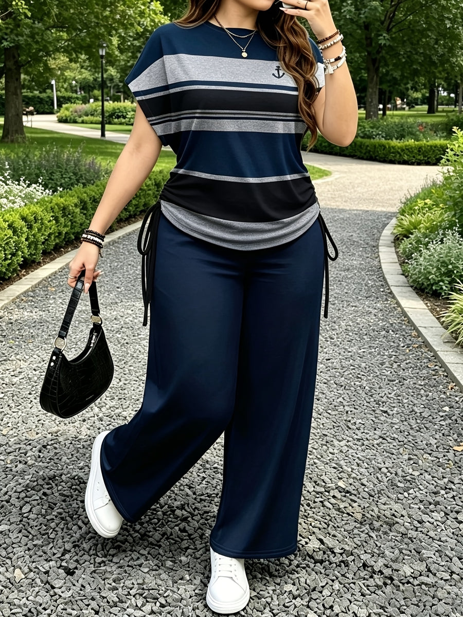 Ladies Two-Piece Set - Casual Minimalist Vacation Style Two-Piece Set - Red And Blue Stripe Design, Suitable for Summer And Autumn Transition Wear, Bow Side Drawstring - Mixed Color 4
