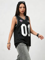 Women's Spring/Summer Street Style Breathable Mesh Digital Print Basketball Tank Top - Black