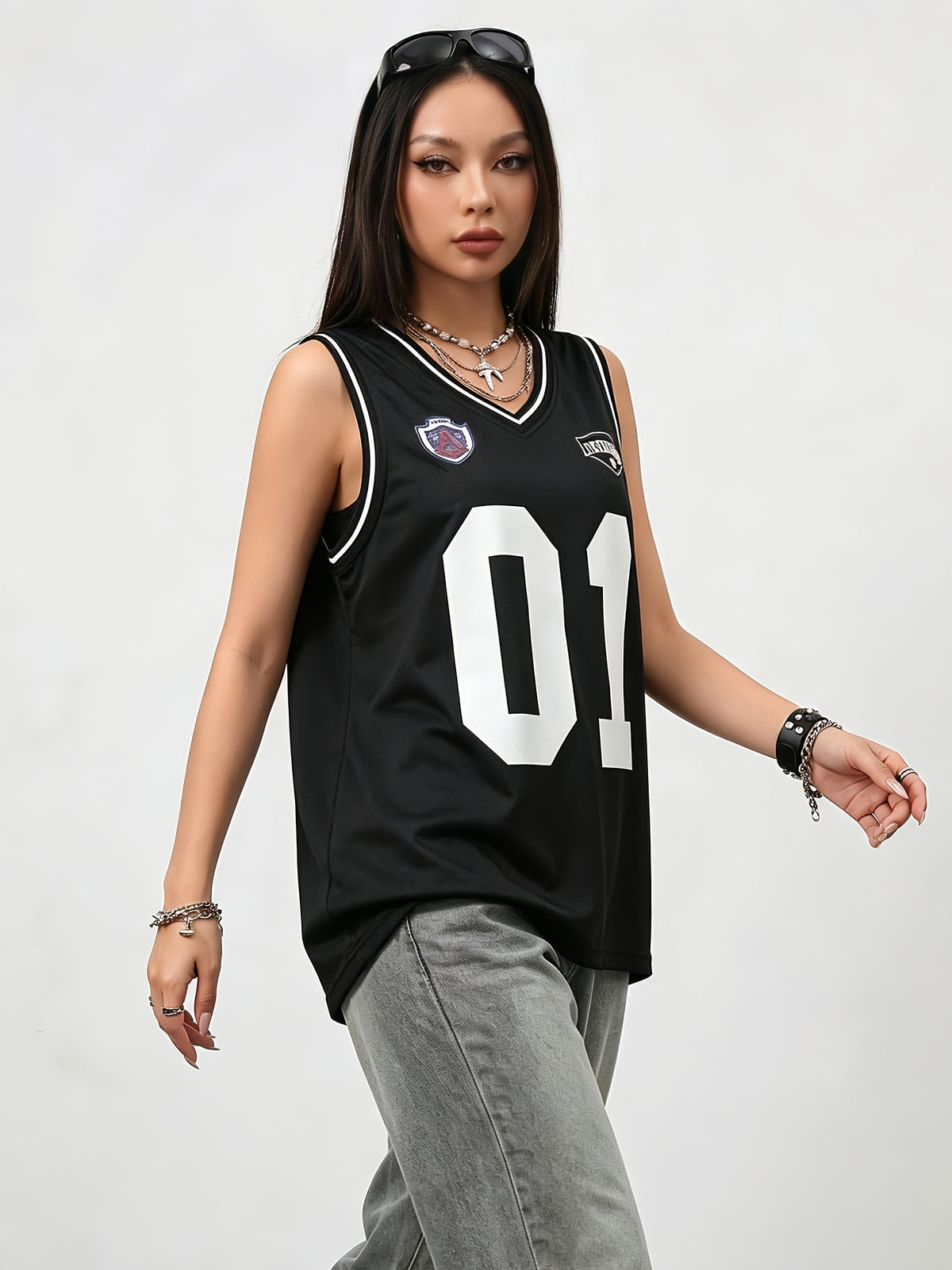 Women's Spring/Summer Street Style Breathable Mesh Digital Print Basketball Tank Top - Black