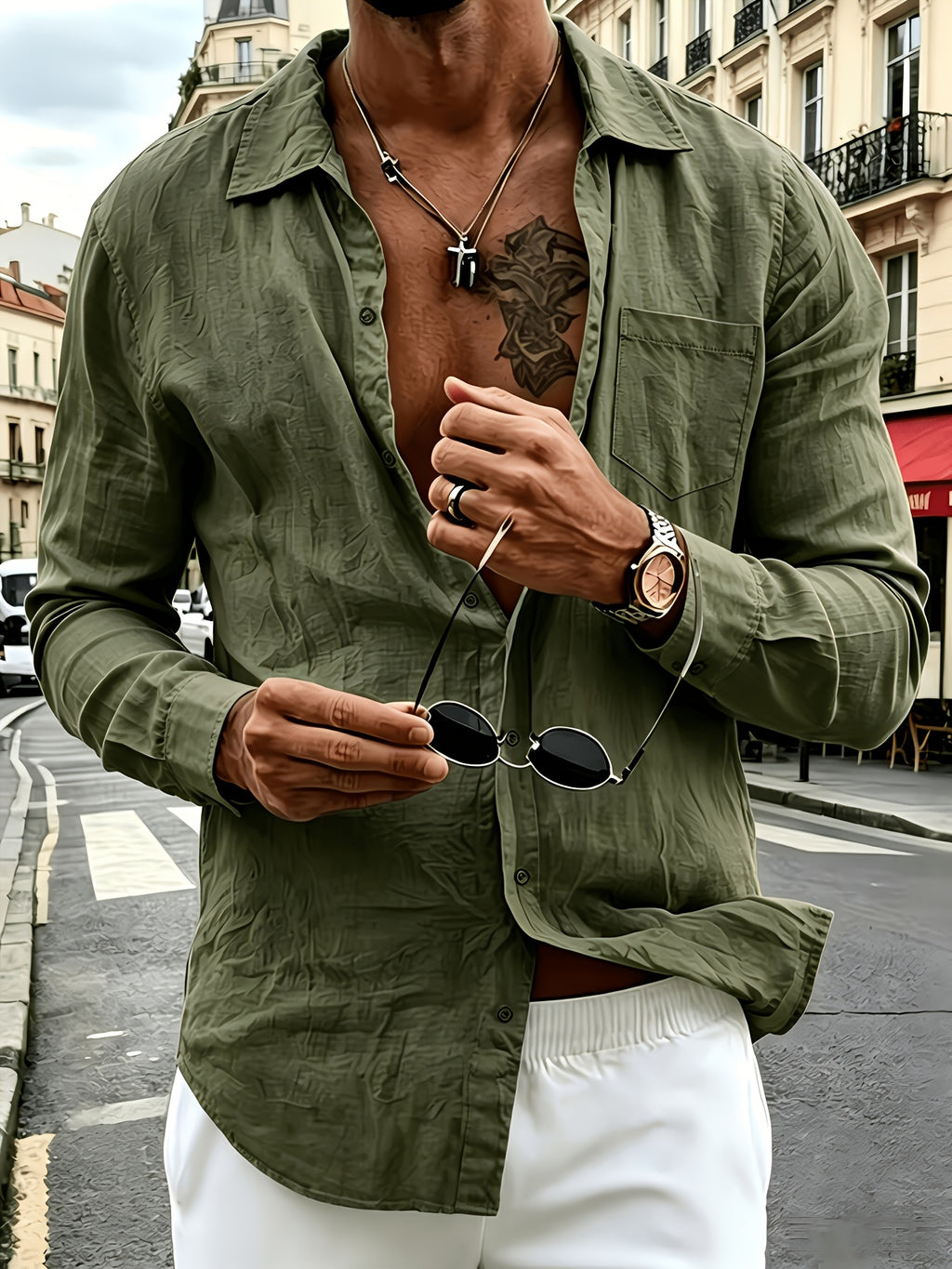 [Qiaoximei OBM] 2pcs Men'S Henley Shirts Linen Long Sleeve, 2pcs Set of Long Sleeve Shirts, Comfortable And Breathable Fabric, Chest Pocket Design, Suitable for Daily Outings, Outdoor Sports, Travel, And Vacation - Army Green + Light Blue