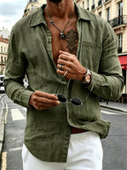 [Qiaoximei OBM] 2pcs Men'S Henley Shirts Linen Long Sleeve, 2pcs Set of Long Sleeve Shirts, Comfortable And Breathable Fabric, Chest Pocket Design, Suitable for Daily Outings, Outdoor Sports, Travel, And Vacation - Army Green + Light Blue