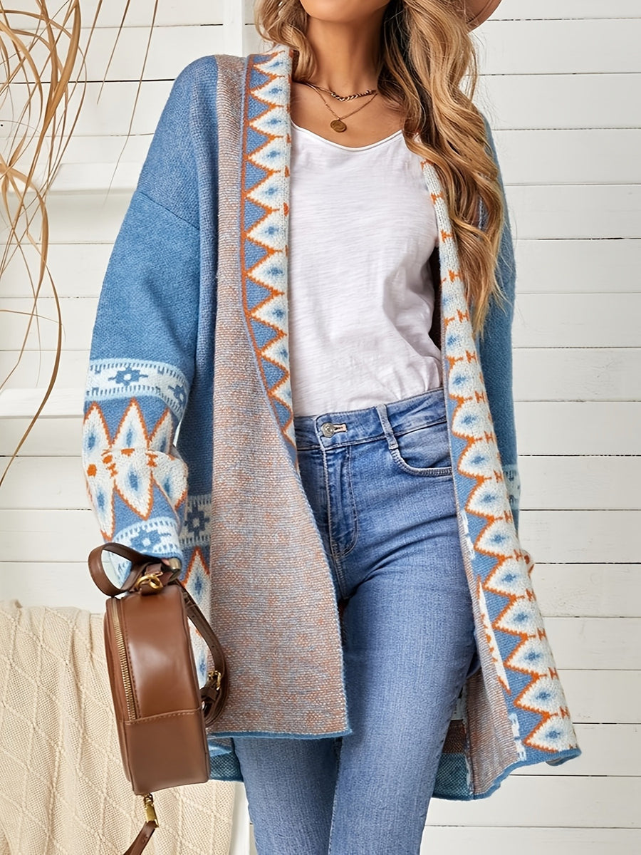 2024 European And American Autumn And Winter New Ethnic Style Printed Long-Sleeved Sweater Cardigan Coat Women - Peacock Blue