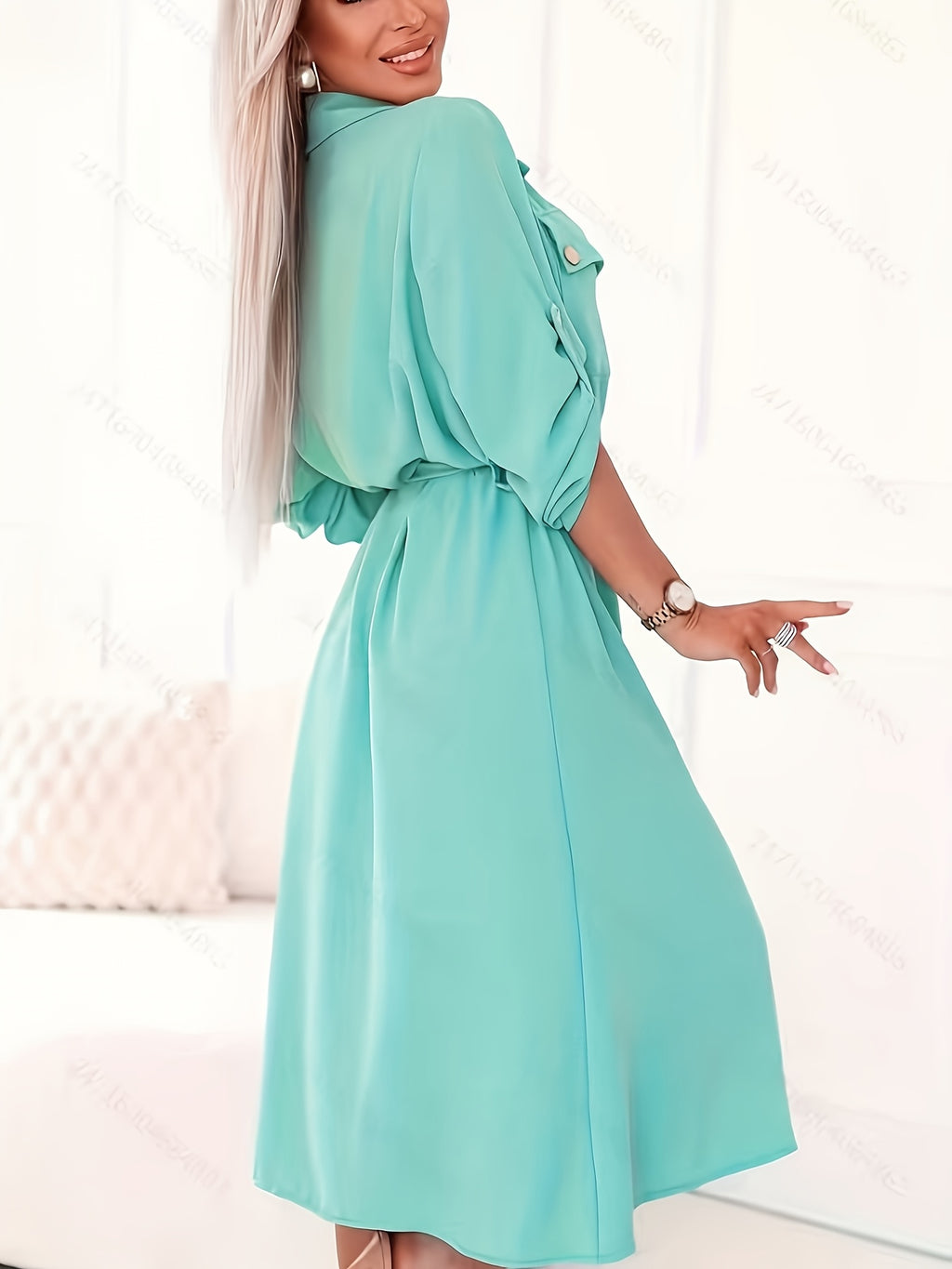 Elegant Mint Green Shirt Dress for Women, Long Sleeve Waist-Cinching Tie-Waist Midi Dress, New Spring/Summer Casual Lapel Pocket Midi Dress, for Daily Workplace Commute Wear, Holiday Parties and Dates, Outings and Vacations - Mint Green