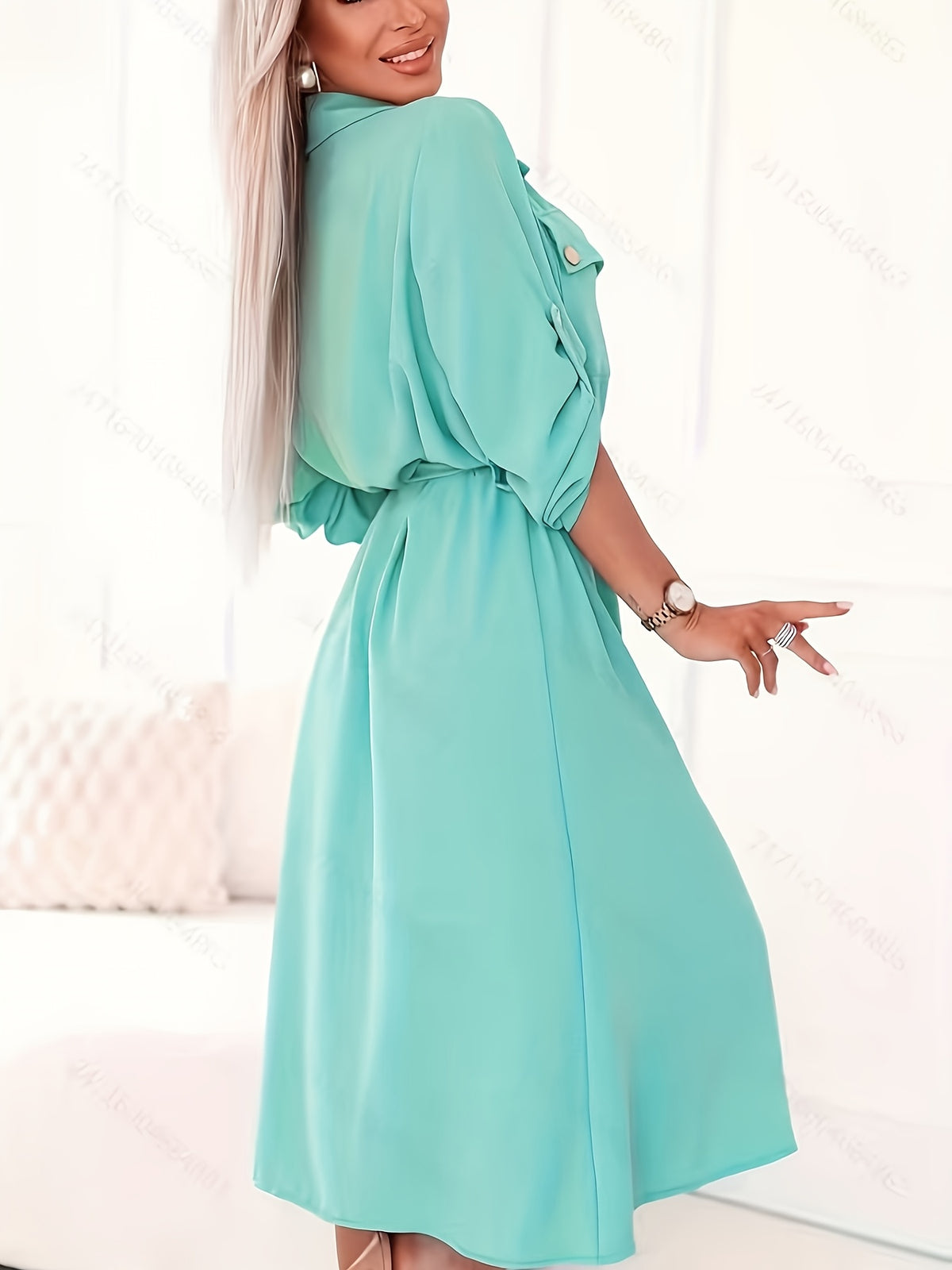 Elegant Mint Green Shirt Dress for Women, Long Sleeve Waist-Cinching Tie-Waist Midi Dress, New Spring/Summer Casual Lapel Pocket Midi Dress, for Daily Workplace Commute Wear, Holiday Parties and Dates, Outings and Vacations - Mint Green
